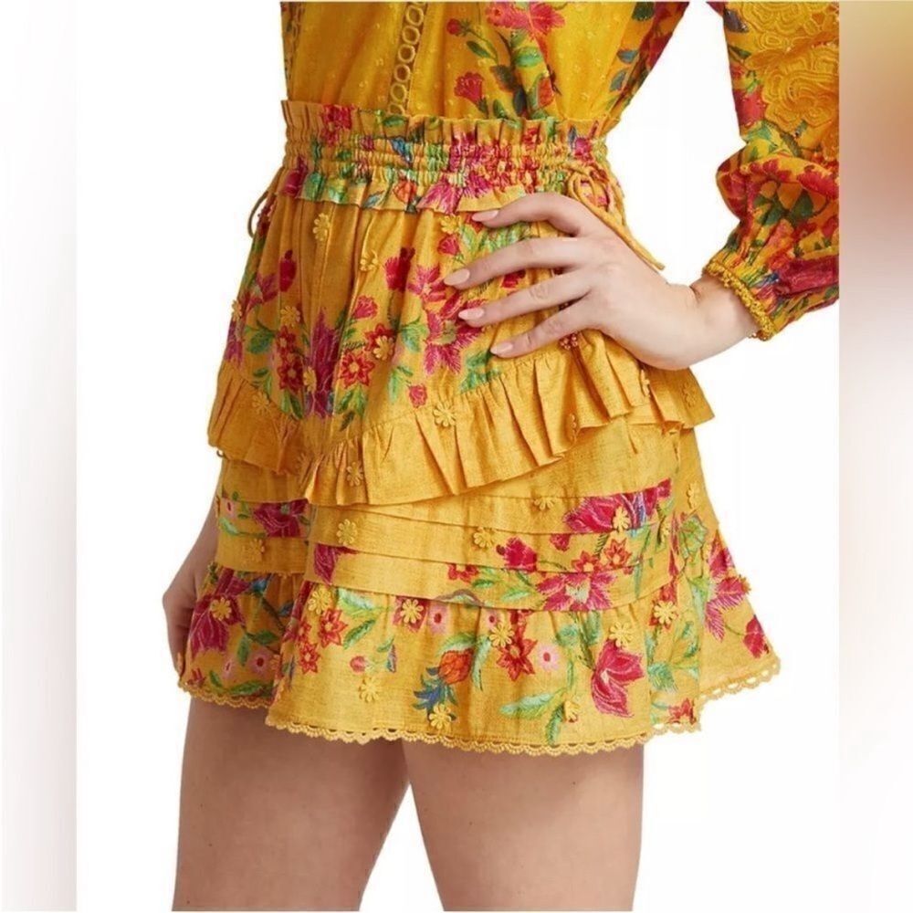 Farm Rip NWT Flower Dream Tiered Mini Skirt Beaded Tassel Floral Yellow Size M